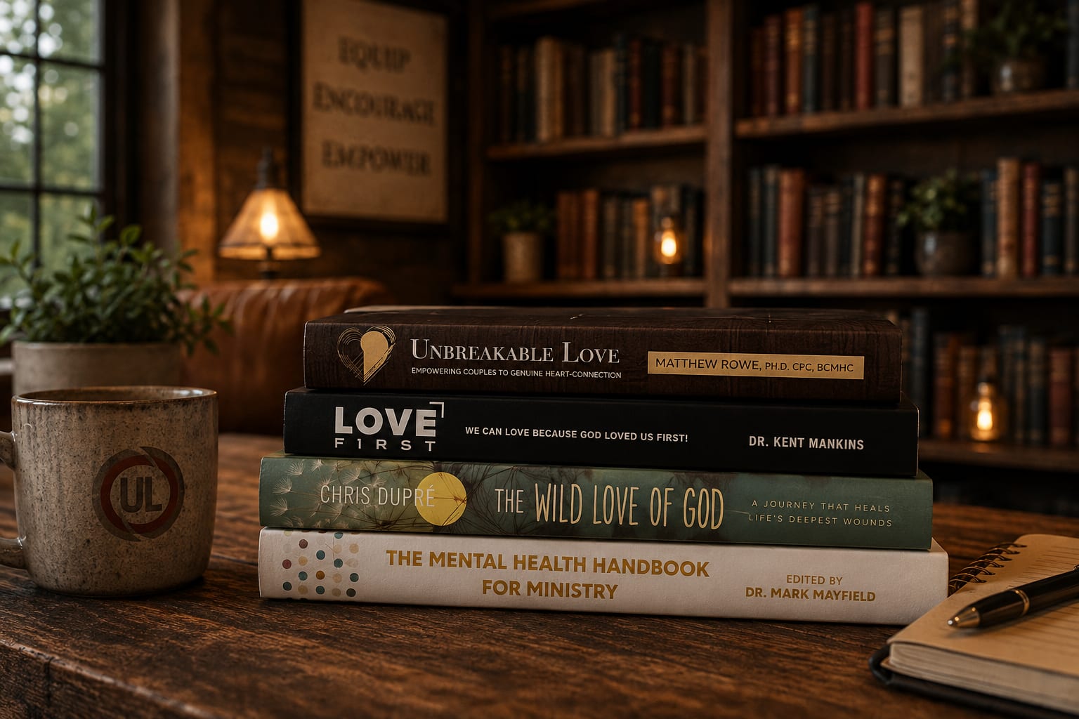 A warm library workspace prepared for study and reflection