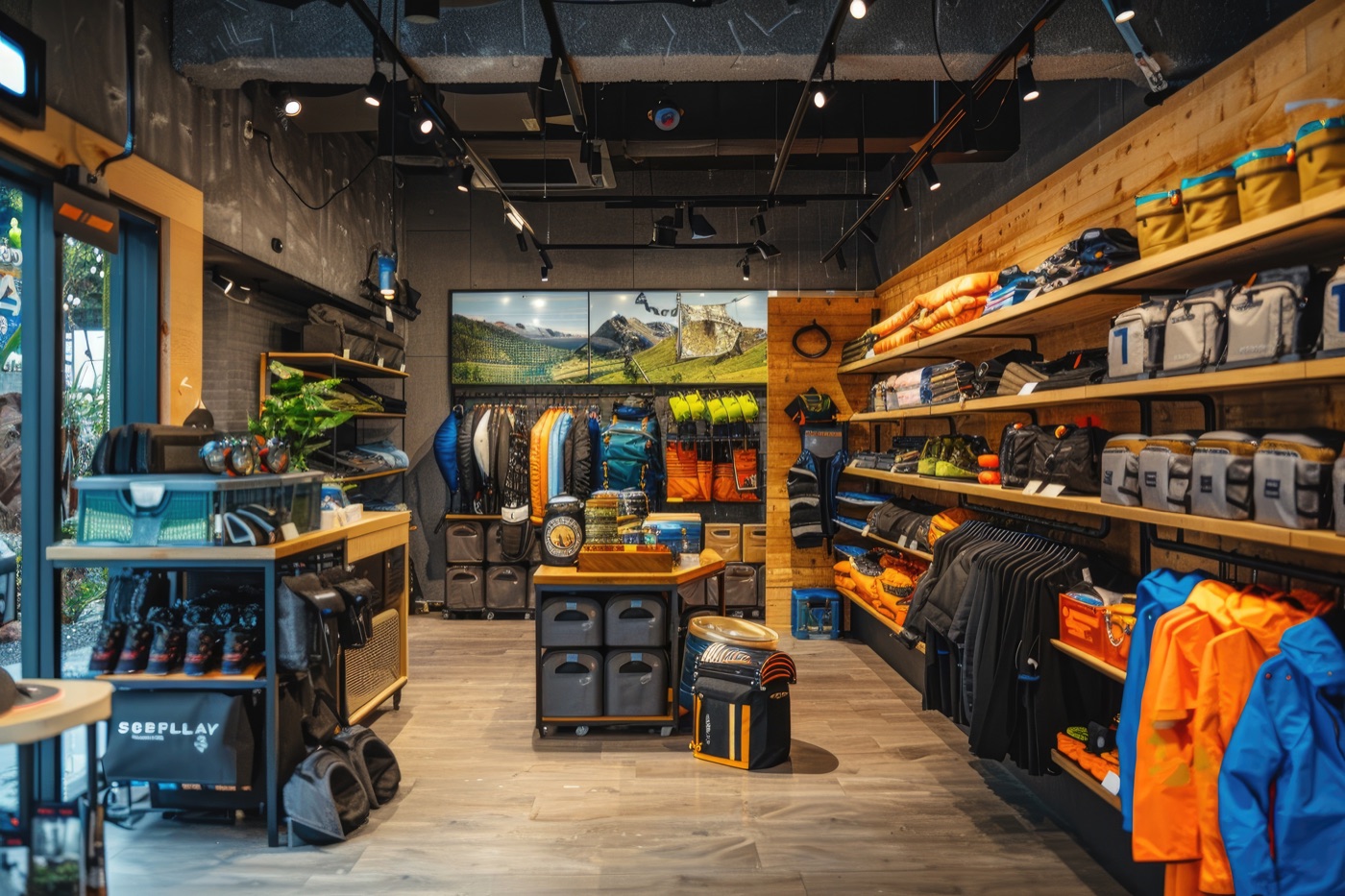 A warmly lit shop displaying clothing, bags, and outdoor merchandise